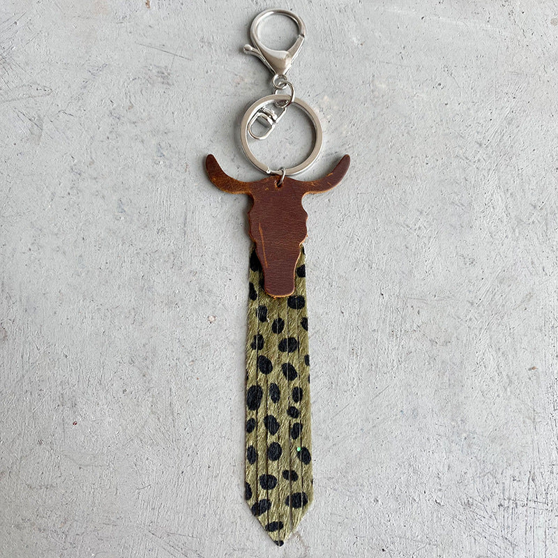 Wholesale 3pcs/pack Leather Bull Head Tricolor Leopard Tassel Keychain